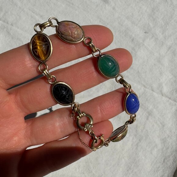 Vintage Gold Egyptian Scarab Bracelet with Precious Stones - Picture 3 of 7